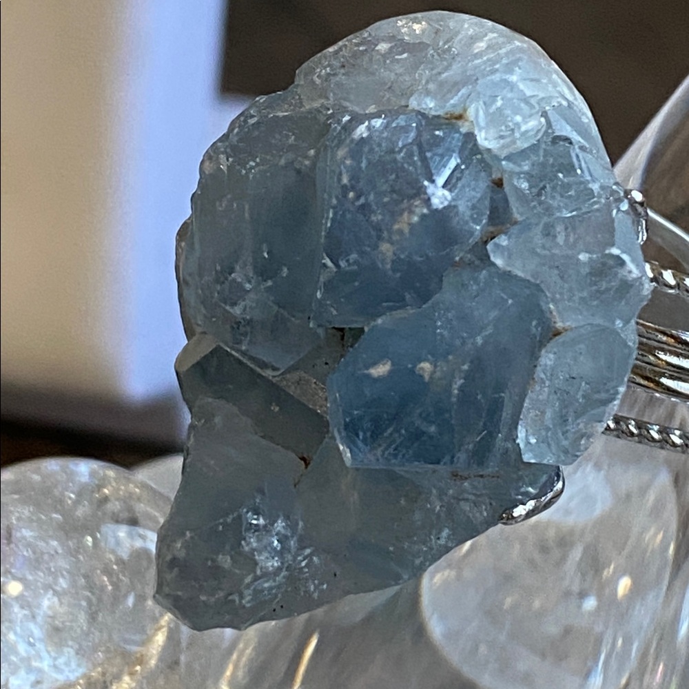 Raw Blue Calcite Ring • Sky Blue Druzy Cluster • Soothing Mineral